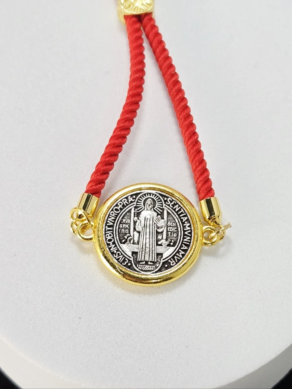 St. Benedict Red Cord Bracelet Adjustable 18K Gold Plated Medal Protection Faith